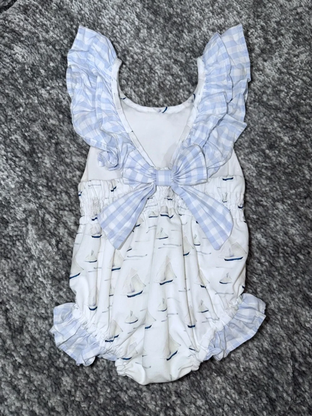 EUC Busy Bee Smocks sail boat print with blue gingham ruffles swimsuit 18mo